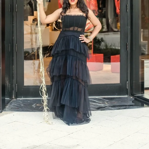 blue dress for baby girl Black Maxi Formal Dress A Line Strapless Lace Top Tulle Puffy Formal D